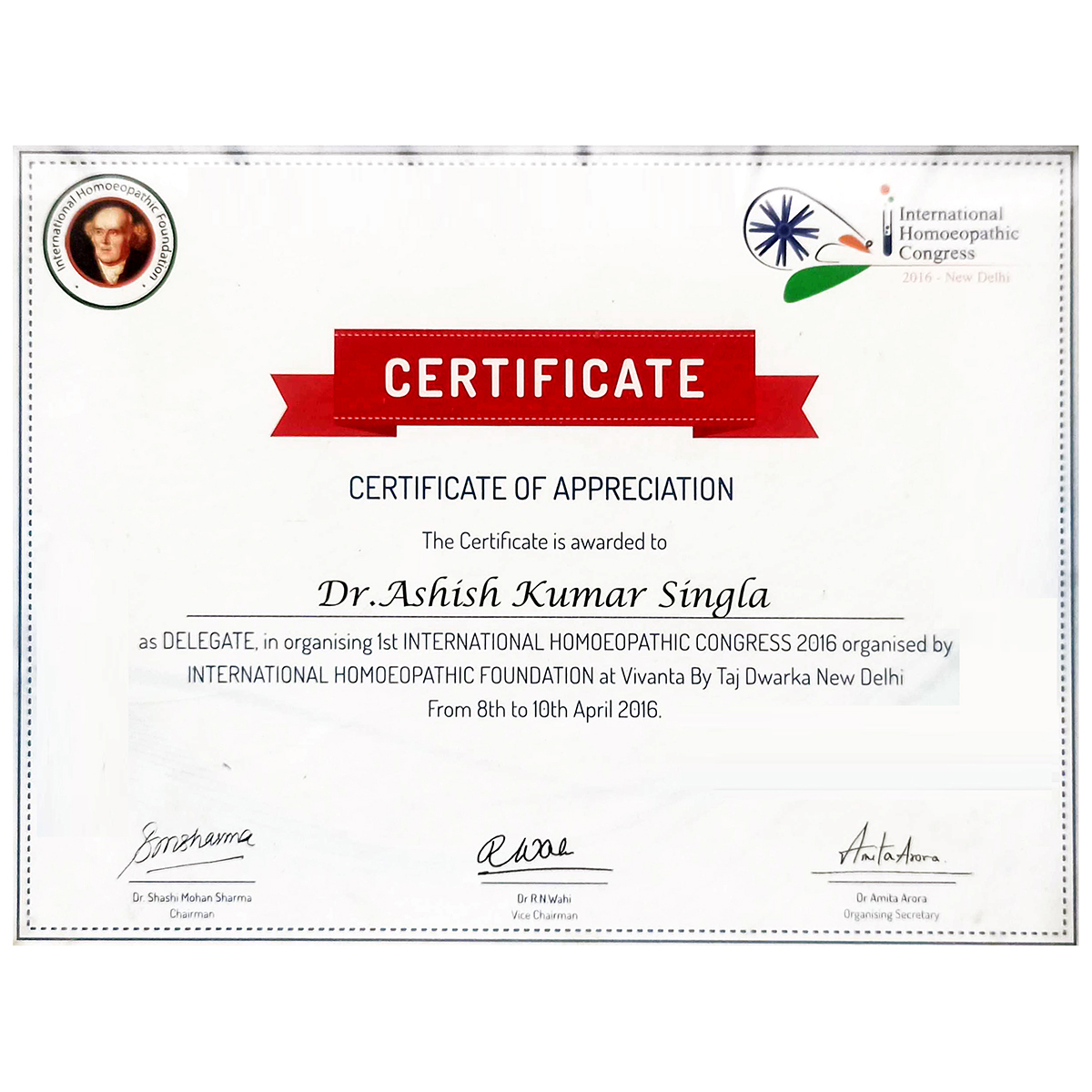 Awards & Recognisition received - Dr Ashish Singla | Kharar